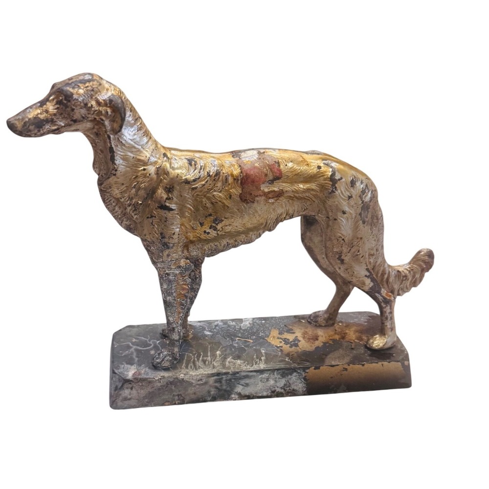 Vintage Cast Metal Borzoi Russian Wolfhound Dog Statue Distressed Gilt 8x8.5"‎
